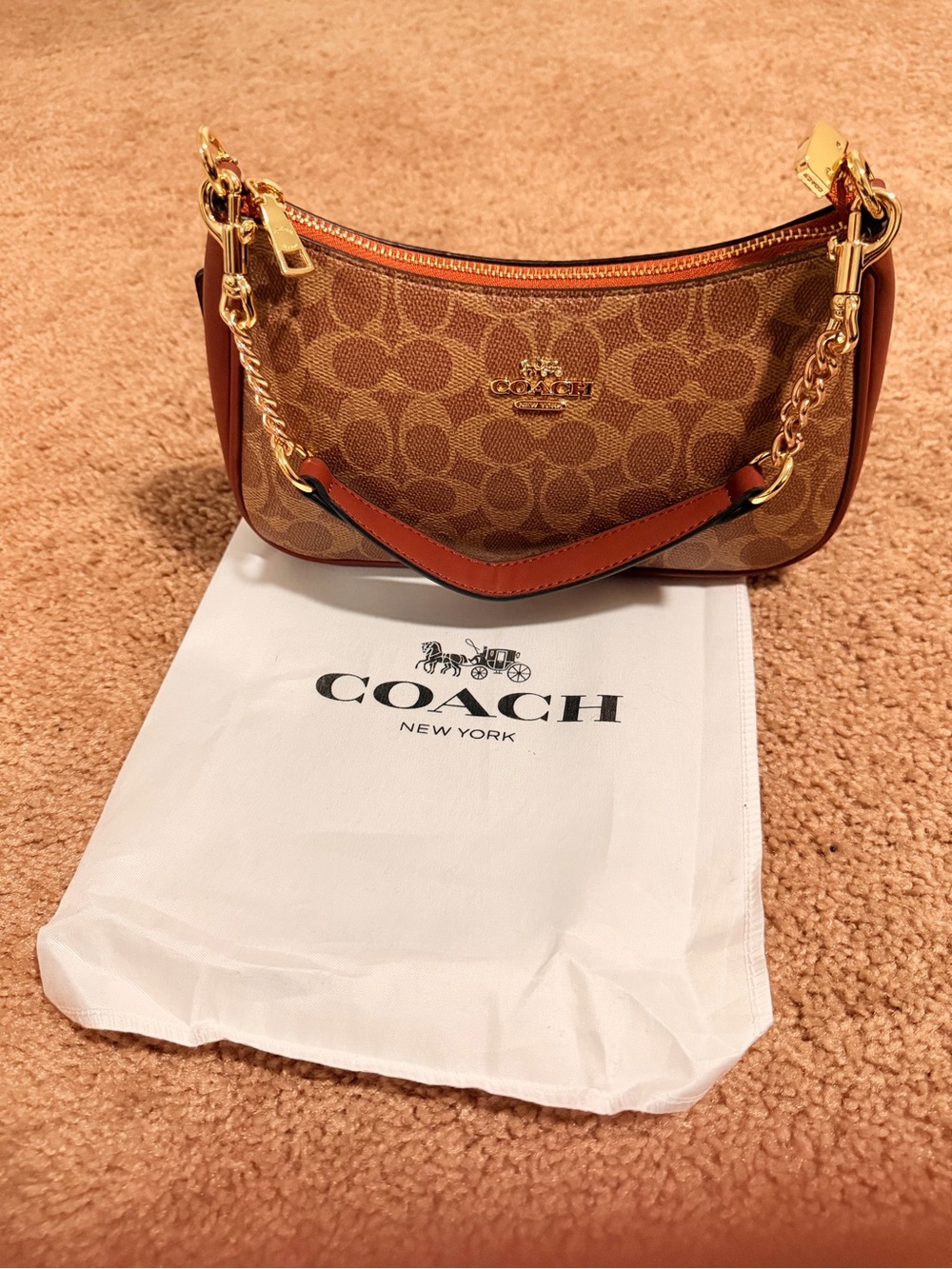 Coach Brown Monogram Canvas Shoulder Bag with Gold Hardware